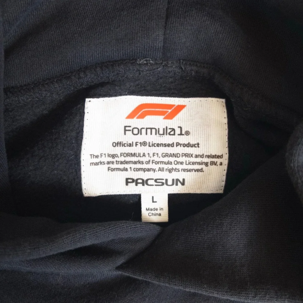 PacSun Formula 1 Hoodie Mens L Black Graphic Racing Grand Prix F1 Sweatshirt